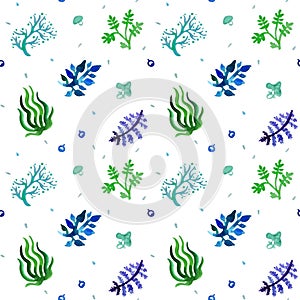 Watercolor nature seamless vector pattern (blue, light blue, green colors). Grass and plants pattern.