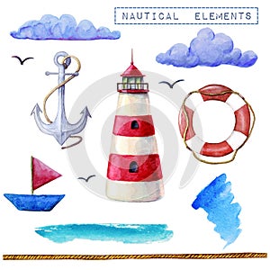 Watercolor nautical elements collection. Lighthouse, ship, lifebuoy, anchor clouds isolated on white backdrop. Trendy elements for