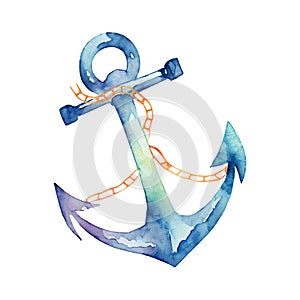 Watercolor nautical illustration with anchor and rope. Blue Hand drawn marine anchore