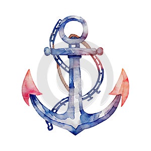 Watercolor nautical illustration with anchor and rope. Blue Hand drawn marine anchore