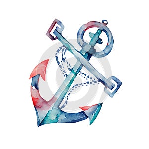 Watercolor nautical illustration with anchor and rope. Blue Hand drawn marine anchore