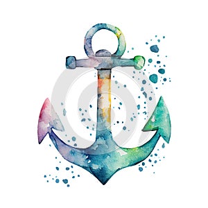 Watercolor nautical illustration with anchor and rope. Blue Hand drawn marine anchore