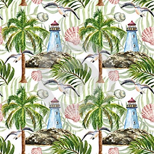 Watercolor summer nautical print. Marine sryle seamless pattern with lighthouse, island, palm tree, seagull, tropical leaf on