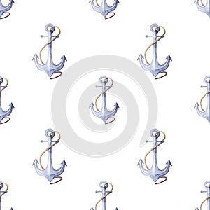 Watercolor nautical pattern. seamless pattern of blue anchor with rope
