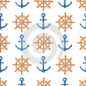 Watercolor nautical seamless pattern with blue anchor and steering wheel on a white background. Watercolour print on a