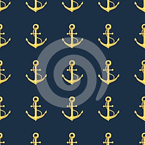 Watercolor nautical seamless pattern with yellow anchor on a dark background. Watercolour print on a marine