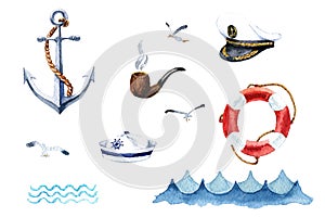 Watercolor nautical set of design elements