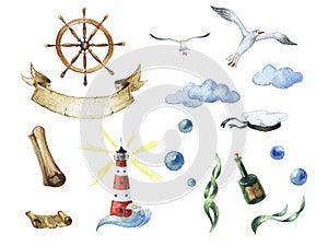 Watercolor nautical set. Marine icons