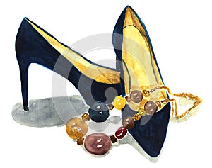 Watercolor navi shoes with necklace. Elegant hand-drawn fashion illustration.