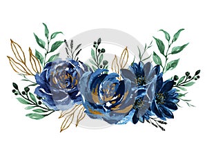 Watercolor navy blue gold green bouquet illustration Painted composition of flowers for design Greeting card Valentine`s Day,