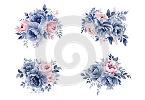 Watercolor navy blue and pink flowers set, vintage vector flowers collection.