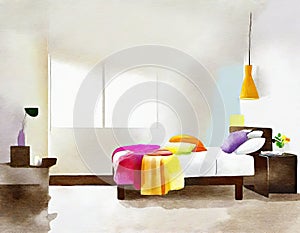 Watercolor of neat and tidy bedroom with minimalist decor and colorful created with