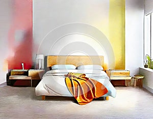 Watercolor of neat and tidy bedroom with minimalist decor and colorful created with