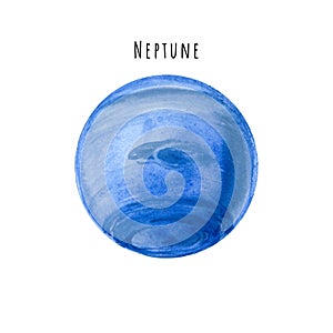 Watercolor Neptune. Hand drawn illustration is isolated on white. Painted planet