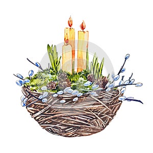 Watercolor nest with easter candles and willow branches. Hand draw watercolor illustrations on white background. Easter