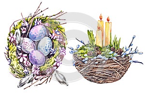 Watercolor nest with easter candles and willow branches. Hand draw watercolor illustrations on white background. Easter