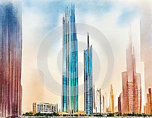 Watercolor of New building construction in King Abdullah financial Riyadh with