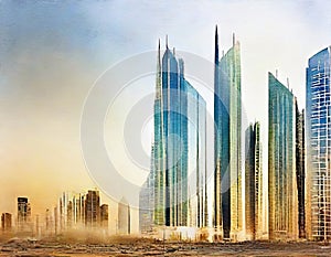 Watercolor of New building construction in King Abdullah financial Riyadh with