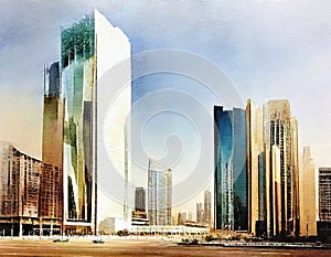 Watercolor of New building construction in King Abdullah financial Riyadh with