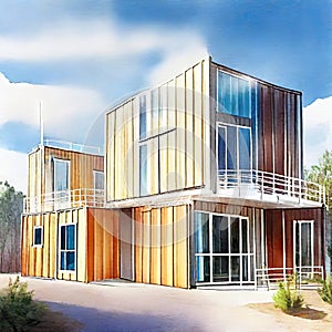Watercolor of New industrial prefab factory with containers on a construction