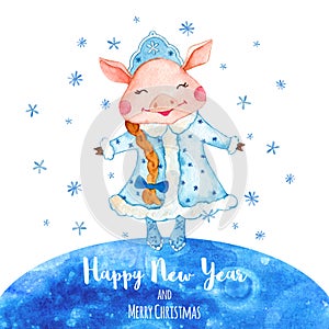 Watercolor New Year greeting card with cute Pig in Snow Maiden costume.