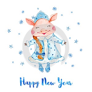 Watercolor New Year greeting card with cute Pig in Snow Maiden costume.