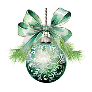 Watercolor New Year\'s tree bauble, ornament ball with a fir branch and green bow hamging