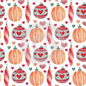 Watercolor New Year tree toys seamless pattern. Illustration for wrapping paper.