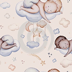 Watercolor newborn baby boy seamless pattern babies boy. Birthday blue background teepee new born baby and pregrand women