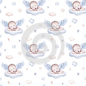 Watercolor newborn seamless pattern with babies boy girl. Birthday baby shower background of new born baby