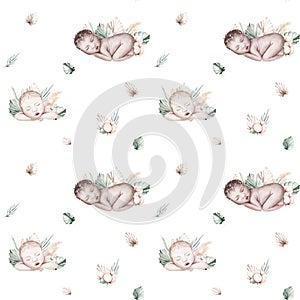 Watercolor newborn seamless pattern with babies boy girl. Birthday baby shower background of new born baby