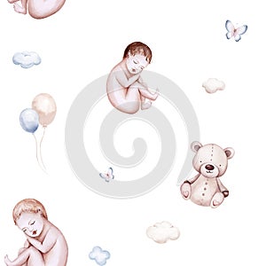 Watercolor newborn seamless pattern with babies boy girl. Birthday baby shower background of new born baby