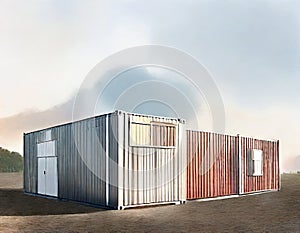 Watercolor of Newly constructed mobile industrial building with prefab container on