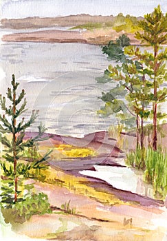 Watercolor nord landscape with lake and rocky shore