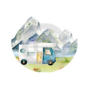 Watercolor north travel label. Fjord mountain landscape with travelling car near the sea. Label for travelling agency, trip design