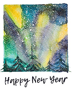 Watercolor northern lights illustration with artistic brushy happy new year lettering below like in momentary photo
