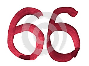 Watercolor number 66, hand-drawn by brush. Burgundy vintage symbol. Template for greetings, design, postcards, decoration