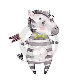 Watercolor nursery cute baby zebra, sweet cartoon zebra isolated on white, fashion child vwatercolour, scandinavian