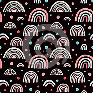 Watercolor nursery pink raindow seamless pattern. Hand painted rainbows on darck black background. Baby shower girl