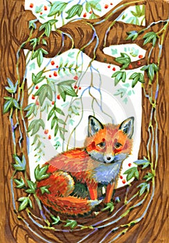 Watercolor nursery woodland composition with character. Hand painted cute baby animals in wild, forest summer landscape