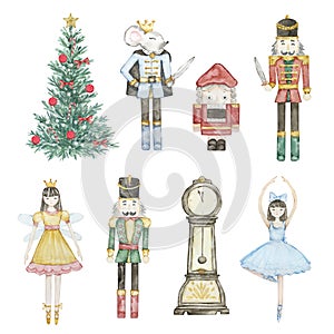 Watercolor Nutcracker Christmas clock, mouse king, ballerina, soldiers and toys