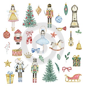 Watercolor Nutcracker Christmas set, ballerina, soldier, mouse king and toys