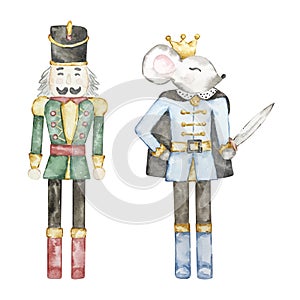 Watercolor Nutcracker Christmas soldier and mouse king toys