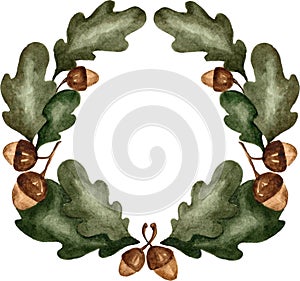 Watercolor oak leaves wreath on white background