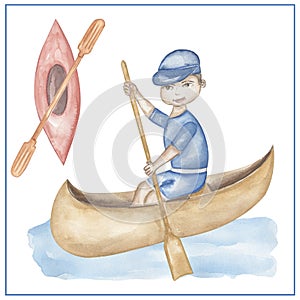 Watercolor Oarsman clipart, hand drawn illustration. Oarsman clip art, kids school card clip art, educational, cute children