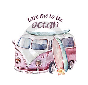 Watercolor ocean surf beach, adventure, bike and motorollier, fun holiday activity, tropical travel illustration. Island