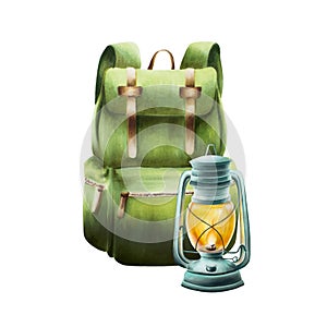 Watercolor oil kerosene lantern and camping backpack isolated illlustration. Mountin equipment for recreation tourism