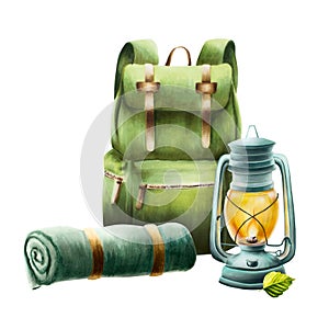 Watercolor oil kerosene lantern and camping backpack, rolled up blanket and sleeping bag isolated illlustration. Mountin