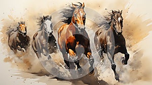 Watercolor Oil Painting Masterpiece of Beautiful Brown Horse Colorful Background