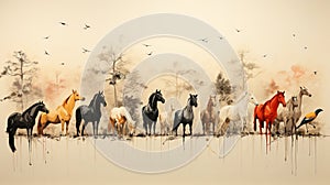 Watercolor Oil Painting Masterpiece of Beautiful Brown Horse Colorful Background